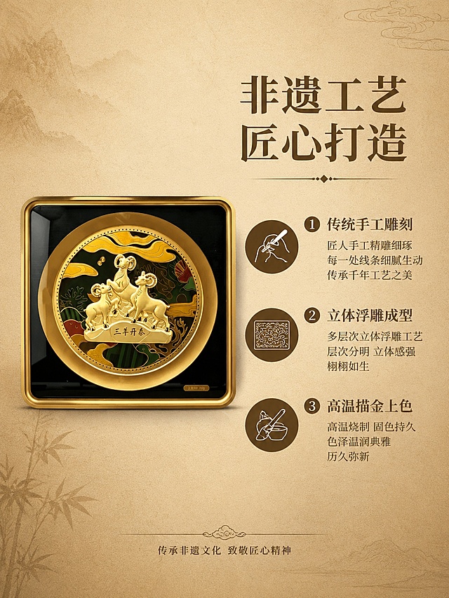[第6屏] 工艺品牌背书-三羊开泰摆件非遗工艺介绍。本屏使用【图1】作为商品主体。
[氛围/风格] 文化质感，典雅古朴，高端质感。
[元素布局] 左侧放三羊开泰摆件缩小图，右侧文字区域，背景搭配浅棕色宣纸纹理，整体排版简洁，突出工艺介绍。保持产品外观颜色一致。
[光影质感] 均匀柔光，整体通透清晰，文字区域干净不杂乱。
[配色色系] 宣纸浅棕底色，深棕色文字，金色产品，典雅配色。
[视角构图] 左产品右文字左右版式，均衡清晰。
[文字版式] 右上标题「非遗工艺 匠心打造」，深棕色粗体；下方分三点介绍工艺：1 传统手工雕刻 2 立体浮雕成型 3 高温描金上色，每点搭配小图标，文字清晰易读。
[比例分辨率] 3:4竖版比例，4K分辨率，文字清晰可辨，高清画质。
[负向提示词] 变形，文字错乱，缺件错件，颜色偏差，水印，产品图模糊，背景杂乱。