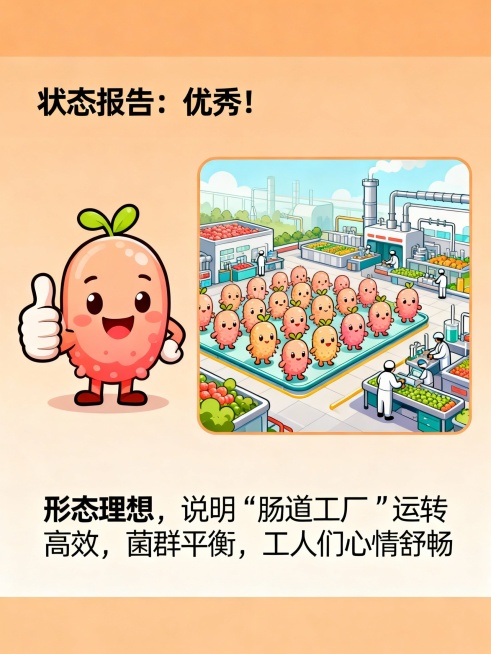 左侧放置3型或4型的卡通形象，表情是【微笑】【点赞】。右侧对应菌群工厂的比喻图：一群可爱的有益菌小人在井然有序地工作，工厂欣欣向荣。
文案：【状态报告：优秀！】
解读：形态理想，说明“肠道工厂”运转高预览效果
