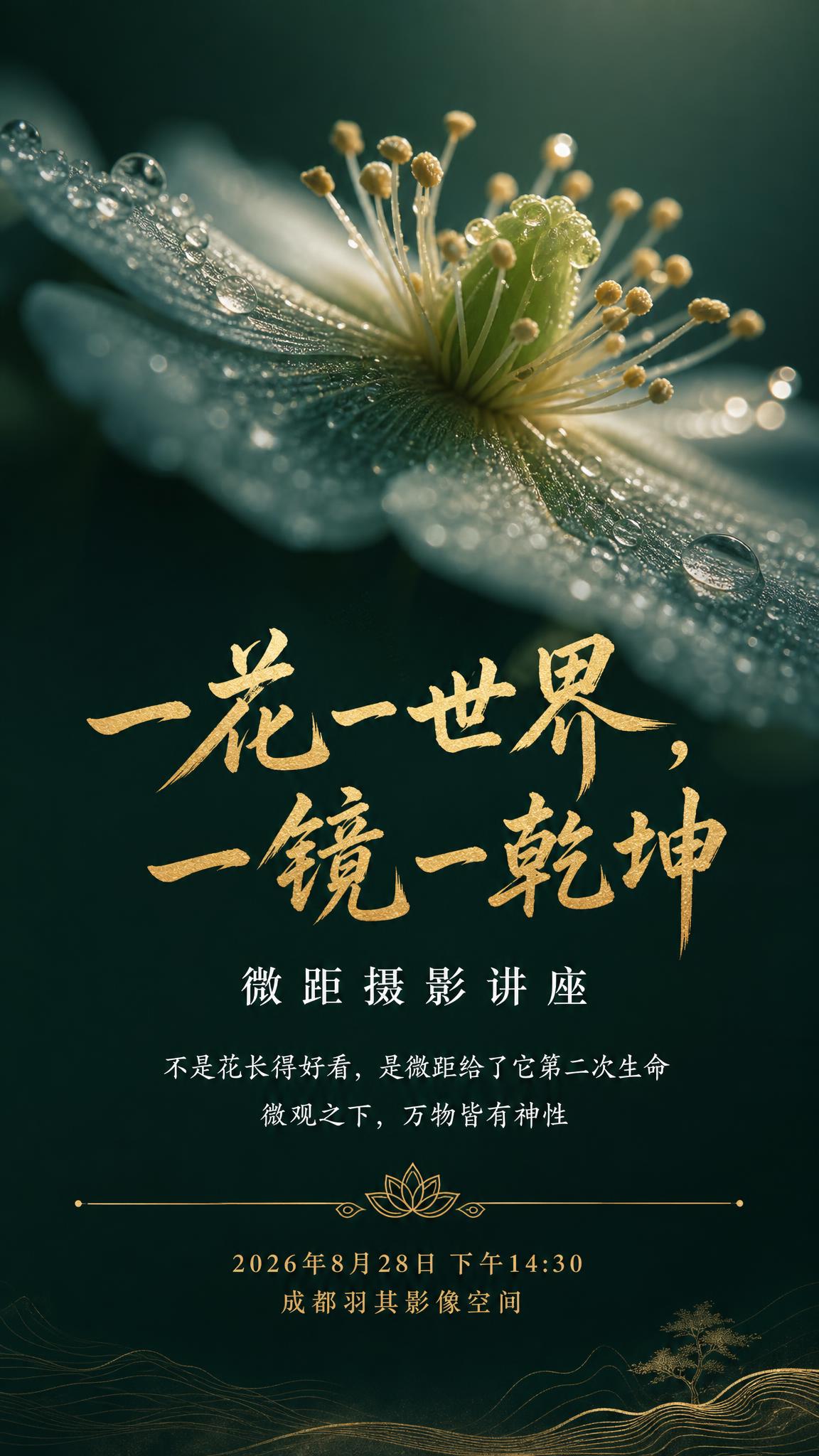 微距摄影讲座海报首页，竖版9:16，深墨绿色渐变背景，高级禅意… - 图片创意预览