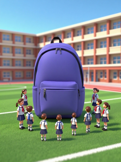 3D微缩，一个巨大的书包放置在空白操场上，学生们穿着校服，好奇围绕在周围，学校教学楼背景，明亮欢快色调。预览效果
