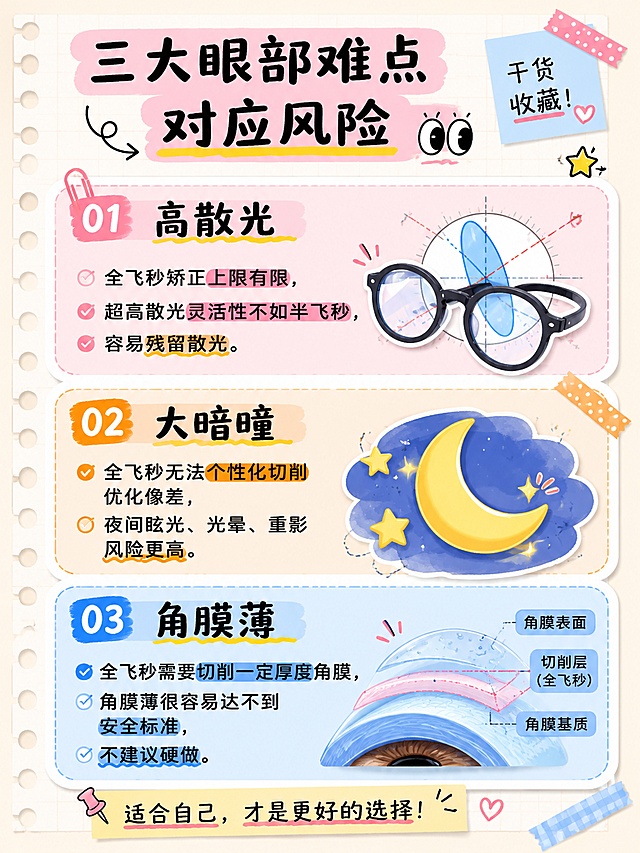 小红书笔记配图，三大眼部难点风险说明图，手账拼贴科普风，版式精美，小红书笔记内页质感，信息层级清晰。主标题：「三大眼部难点对应风险」。画面分为三个彩色板块，从上到下排列：第一个板块浅粉色，标题「高散光」，内容：全飞秒矫正上限有限，超高散光灵活性不如半飞秒，容易残留散光；第二个板块浅橙色，标题「大暗瞳」，内容：全飞秒无法个性化切削优化像差，夜间眩光、光晕、重影风险更高；第三个板块浅蓝色，标题「角膜薄」，内容：全飞秒需要切削一定厚度角膜，角膜薄很容易达不到安全标准，不建议硬做。每个板块配对应图标（散光眼镜、月亮星星、角膜截面图）。背景：米白笔记纸纹理带轻微网格线。文字样式：马克笔手写感标题，正文清晰黑体，重点词用彩色高亮。装饰：便签贴纸、胶带装饰边角、感叹号小图标。整体氛围：干货整理、一目了然、手账笔记感。画质：高清细腻，信息层级清晰，所有文字完整可读处于安全区内不可裁切，四周留安全边距。画面比例3:4，4K。