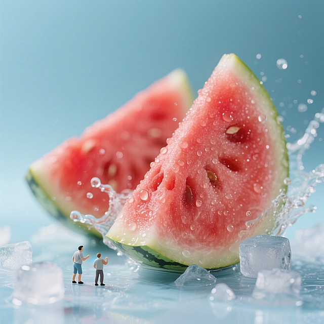 西瓜切片与微型人物，3D微缩艺术风，清新爽感，冰块点缀，夏日清凉。