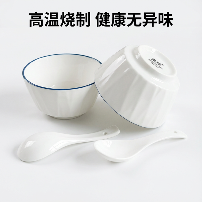 这是两只4.5英寸米饭碗的不同角度照片。根据参考图生成电商平台的产品主图 5 张，图片比例为 1：1。要求每张图都配有产品卖点文案，特别强调碗在每张产品主图中的画面比例至少要达到 50%以上。预览效果