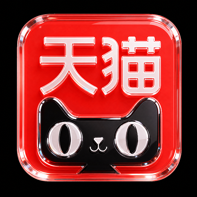参考第一张图的玻璃3D质感和红底透明方块风格，重新生成第二张图的天猫黑色猫图标加天猫文字，保持透明玻璃水晶立体效果，红底圆角方形，光泽感和参考图一致