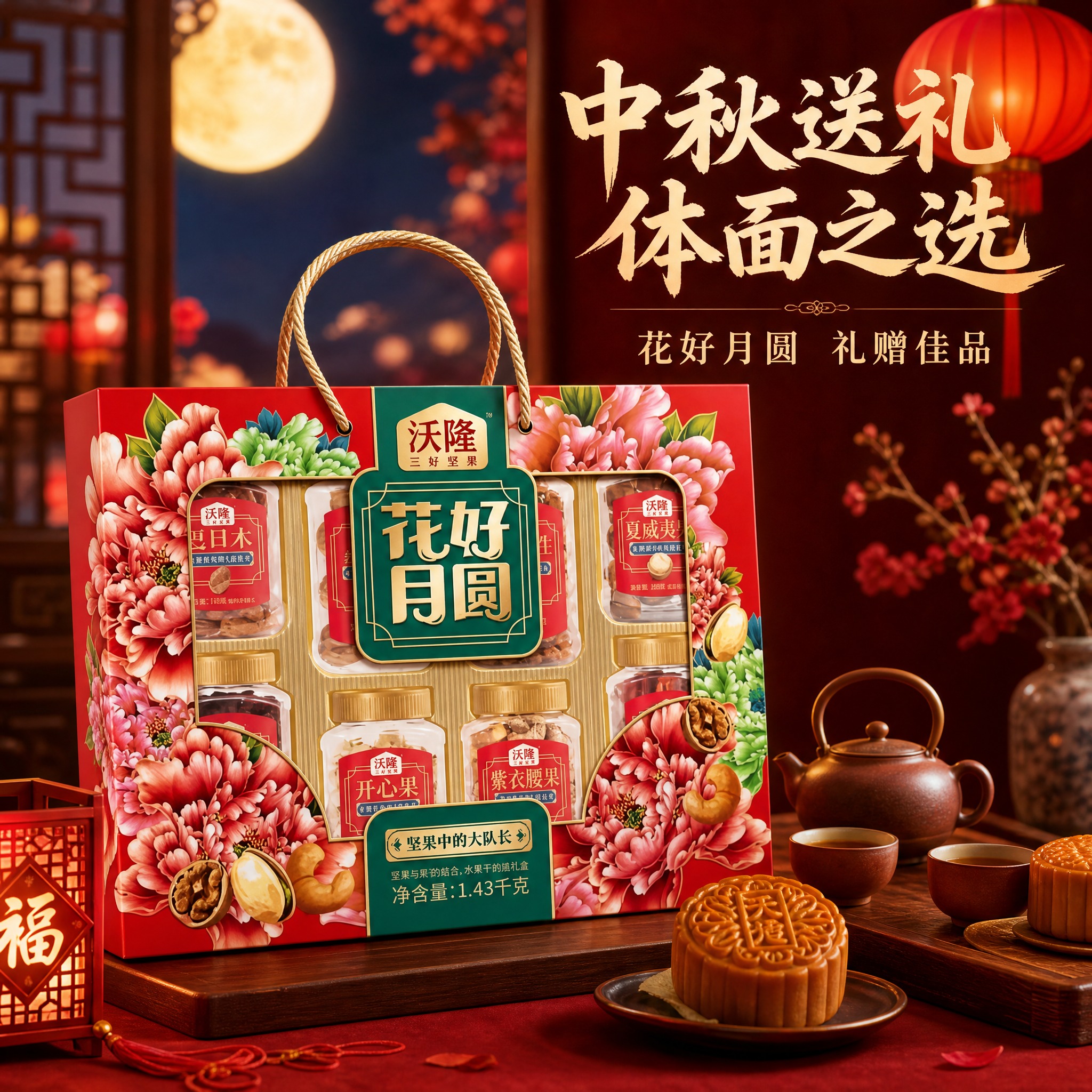 电商主图，沃隆花好月圆坚果礼盒第三张。中秋送礼场景：礼盒放置在… - 图片创意预览