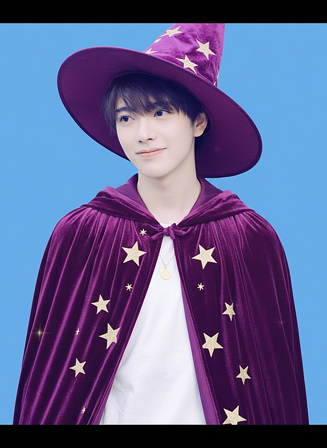 梦幻感十足的动漫风魔法师造型，轻拟物风格的绒面斗篷与星星点缀，搭配可爱感微笑，面料质感细腻，节日氛围温馨趣味。