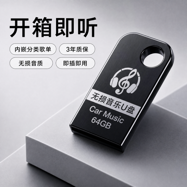 [主图-2] 核心卖点细节展示；
[氛围风格] 简洁科技风，浅灰渐变背景；
[画质] 商业摄影质感、光线柔和通透、产品清晰真实、画面干净高级。
[元素] 车载音乐U盘45°斜置放置在哑光灰色几何展示台预览效果