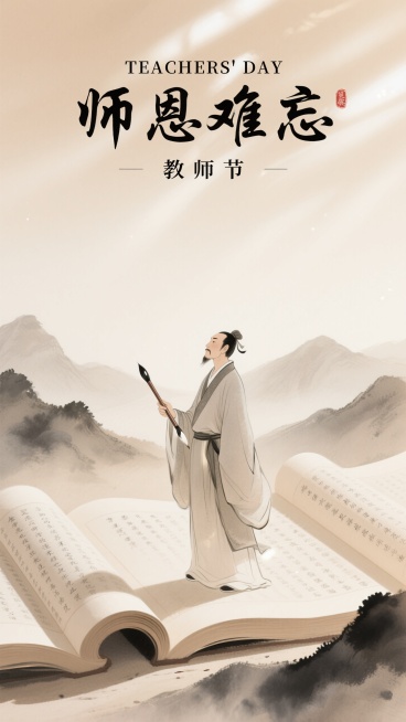 画面构思： 一幅竖版国风插画，主体为一位身着传统长袍、手持毛笔的古代文人形象，立于画面中下部。人物神态庄重而温和，目光远眺，仿佛在思考着传授知识的重任。其长袍线条流畅，衣褶自然，呈现出柔和的质感，体现预览效果