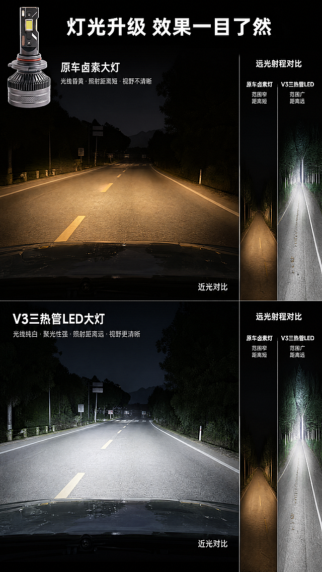 [第3屏] 灯光效果对比页，原车卤素大灯 vs V3三热管LED大灯铺路效果对比，包含近光切线和远光射程对比。
[氛围/风格] 真实夜间道路场景对比，写实摄影，清晰展示光型差异，专业直观。
[元素布局] 画面上下平分，上半部分展示「原车卤素」近光铺路效果，光型分散泛黄，路面亮度低，切线模糊；下半部分展示「V3 LED大灯」近光铺路效果，光型聚集高亮，路面清晰，切线干净整齐。右侧追加小区域对比远光射程：左侧原车远光射程近、范围小；右侧LED远光射程远、范围广。保持产品外观与输入图一致，产品可放置在画面左上角作为品牌展示。
[光影质感] 真实夜间路面环境，车灯作为主光源，路面反光自然，明暗过渡符合真实驾驶场景，对比差异清晰可见。
[配色色系] 整体深色夜景背景，路面为深灰沥青，原车灯光偏黄暖光，LED灯光偏白冷白光，对比清晰，文字白色醒目。
[视角构图] 上下双栏对比构图，主对比占画面80%面积，远光对比放在右侧辅助区域，符合竖向阅读。
[文字版式] 顶部主标题「"灯光升级 效果一目了然"」白色加粗；上下分栏顶部标签分别标注「"原车卤素大灯"」和「"V3三热管LED大灯"」，右下角标注近光对比，右侧区域标注「"远光射程对比"」，所有文字清晰不遮挡路面效果。
[比例分辨率] 9:16竖版比例，1080*1920像素，4K分辨率，文字清晰可辨，超高清。
[负向提示词] 对比不清晰，光型错误，产品变形，文字错乱，水印，虚假对比，场景不真实。