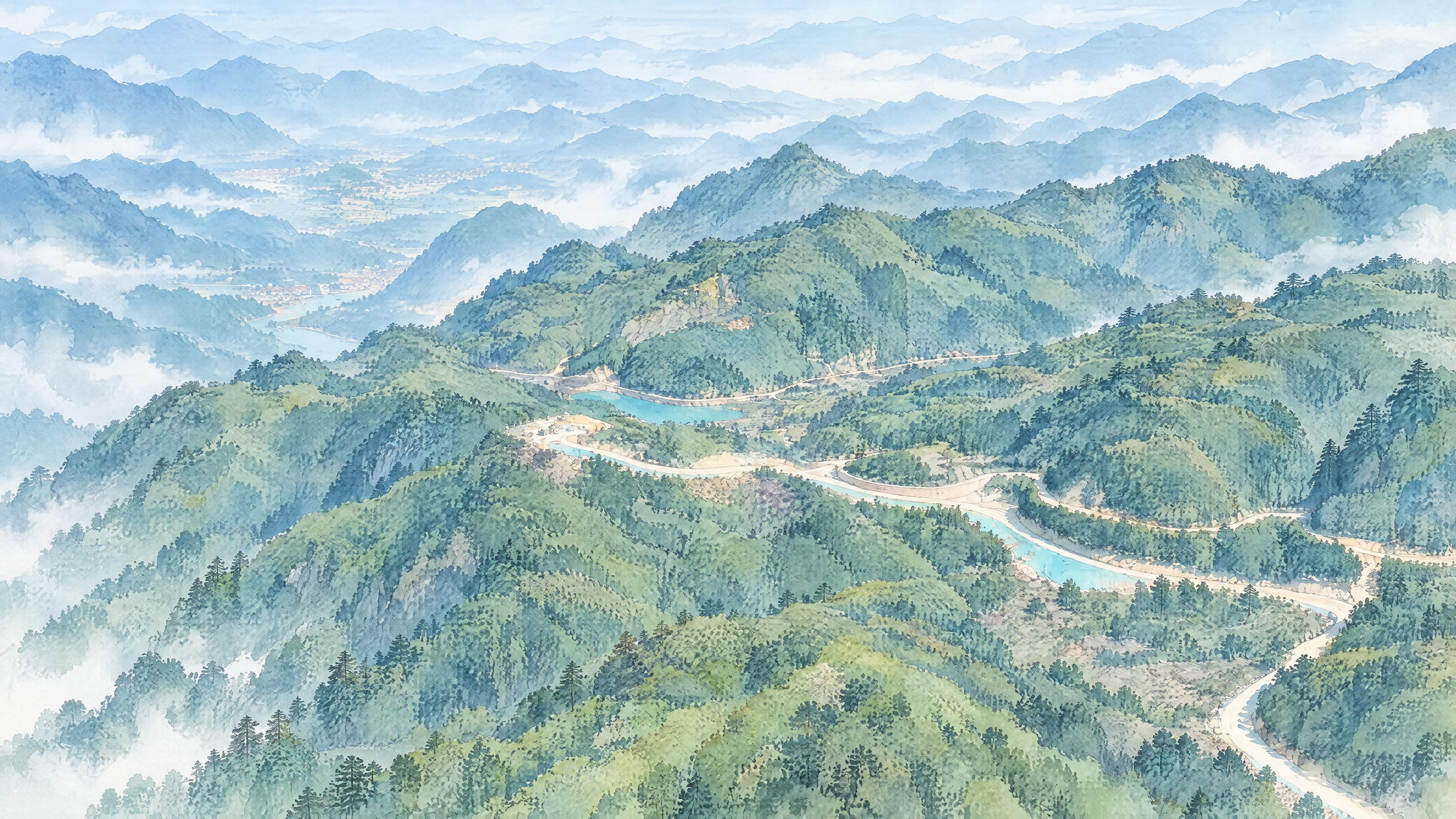 参考之前的清新水彩国风插画风格，将这张航拍群山公路画面重绘为同… - 图片创意预览