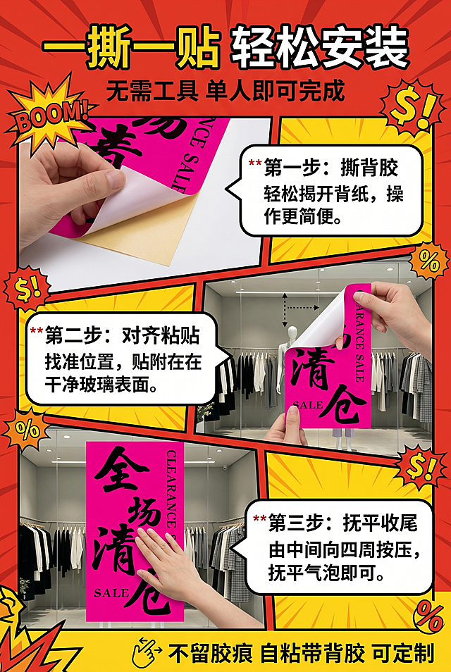 2:3竖版电商详情第五屏，爆炸促销风视觉设计，步骤化卖点可视化。字体采用无衬线清晰字体，分栏模块化排版。主标题：一撕一贴 轻松安装，副标题：无需工具 单人即可完成。画面拆解粘贴玻璃贴的核心动作，玻璃贴产品严格还原上传的设计细节，颜色、文字、图案完全一致，产品比例1:1。上下布局，顶部为标题区域，中间分三栏展示撕背胶、对齐粘贴、抚平收尾三个步骤，每步搭配简短说明文字，画面清晰易懂，写实干净，整体风格统一，强化操作便捷的卖点