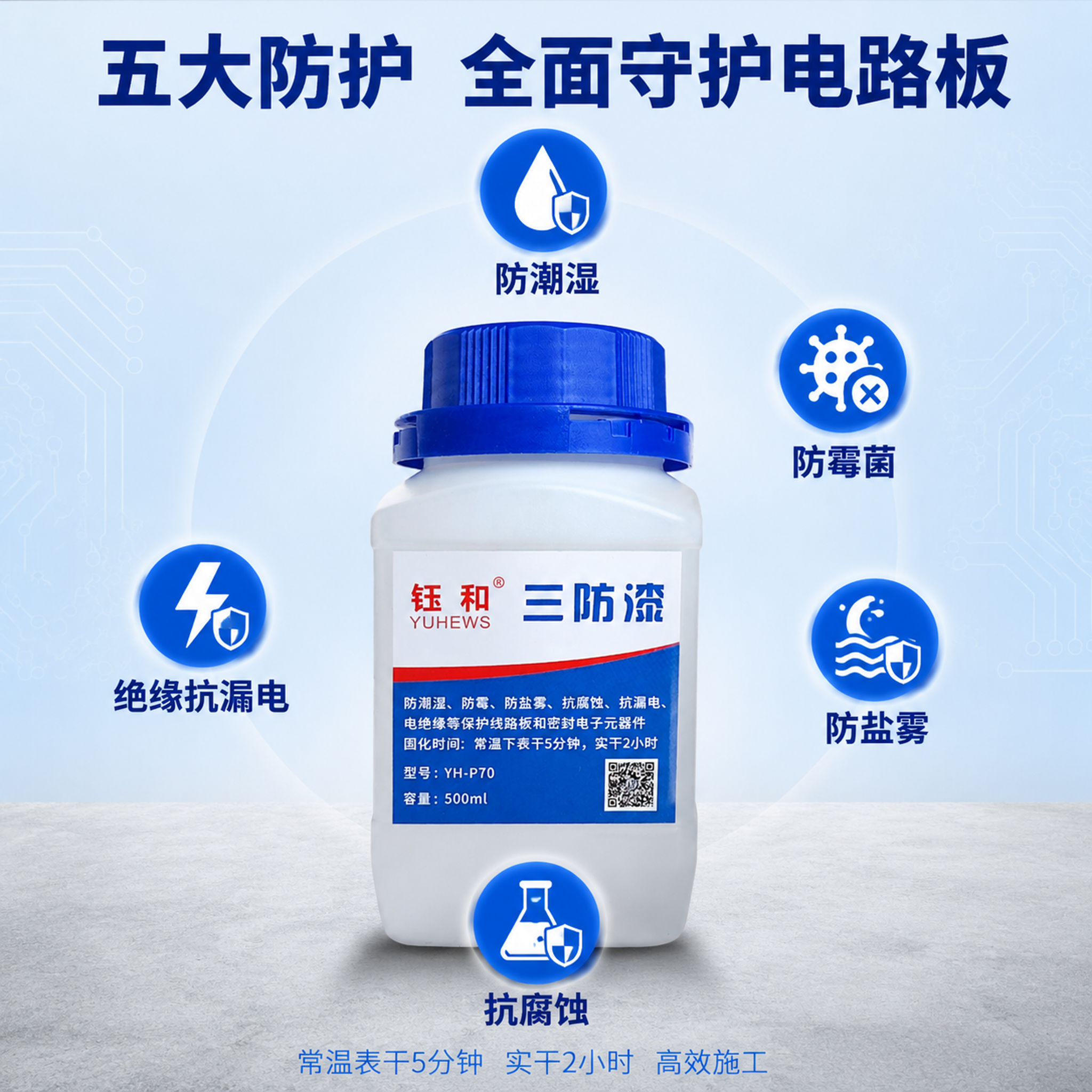 [主图-2] 钰和三防漆核心功能环绕展示图，突出五大防护功能。… - 图片创意预览