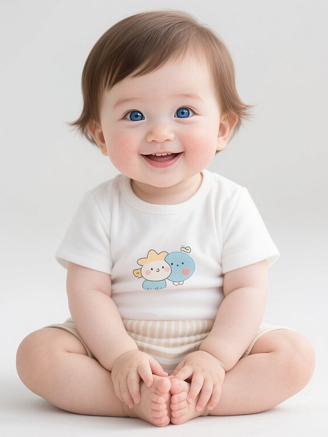 高清写实风格婴儿肖像，健康白皮肤，棕色短发，明亮蓝色大眼睛，圆润脸颊，微微上扬的嘴角露出可爱笑容，穿着印有卡通图案的白色短袖T恤和浅色条纹短裤，双手交叠放在小腿上，盘腿坐姿，整体画面简洁干净，光线明亮柔和，突出婴儿纯真可爱的神态和服饰装扮细节。