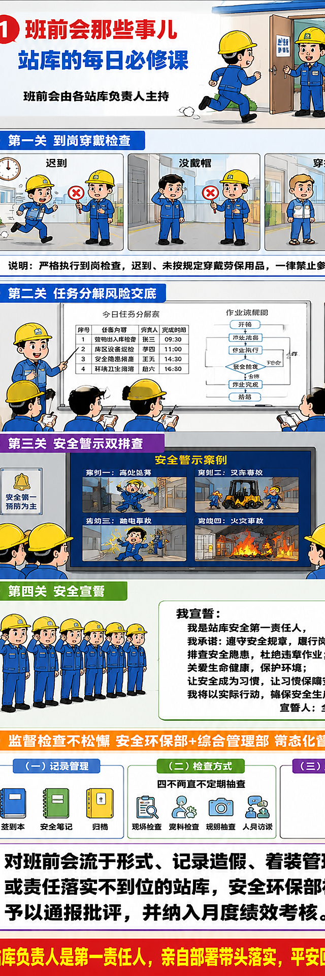 竖版长条信息图漫画，站库班前会制度科普，6个板块从上到下排列，白色分隔线。Q版卡通风格，蓝色工装黄色安全帽。【文字要求：所有文字用清晰的中文黑体，字号大，行间距宽，绝对不能有乱码错字】

第1板块 标题：红色大字"班前会那些事儿"，蓝色大字"站库的每日必修课"，黑色小字"班前会由各站库负责人主持"。工人跑向会议室，负责人迎接。

第2板块 第一关到岗穿戴检查：蓝色标题条。三个场景：迟到、没戴帽、穿拖鞋被查。底部白框黑字说明。

第3板块 第二关任务分解风险交底：蓝色标题条。负责人白板前讲解，白板上有任务表和流程图。工人记笔记。

第4板块 第三关安全警示双排查：紫色标题条。工人看大屏幕四个安全案例。

第5板块 第四关安全宣誓：绿色标题条。工人站一排宣誓，中间大框内完整誓词。

第6板块 监督考核：橙色标题条"监督检查不松懈 安全环保部+综合管理部 常态化督查"。
（一）记录管理：蓝色标签，签到本、安全笔记、归档三个图标。
（二）检查方式：绿色标签，四不两直不定期抽查，四项检查内容。
（三）监督与考核：紫色标签，下方一个非常大的白色矩形框，框内用【超大号黑色粗体字】写三行文字：
第一行：对班前会流于形式、记录造假、着装管理混乱
第二行：或责任落实不到位的站库，安全环保部视情节
第三行：予以通报批评，并纳入月度绩效考核。
这三行字是整张图最大的文字，非常醒目。

底部红色横条黄色大字：站库负责人是第一责任人，亲自部署带头落实，平安回家喜洋洋