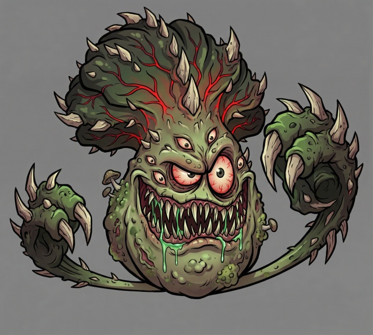 将植物角色分别生成他的各种进化版本，分别进化成机械，恐怖，暗黑，赛博，蒸汽的形态，卡通的画风，纯灰色背景预览效果