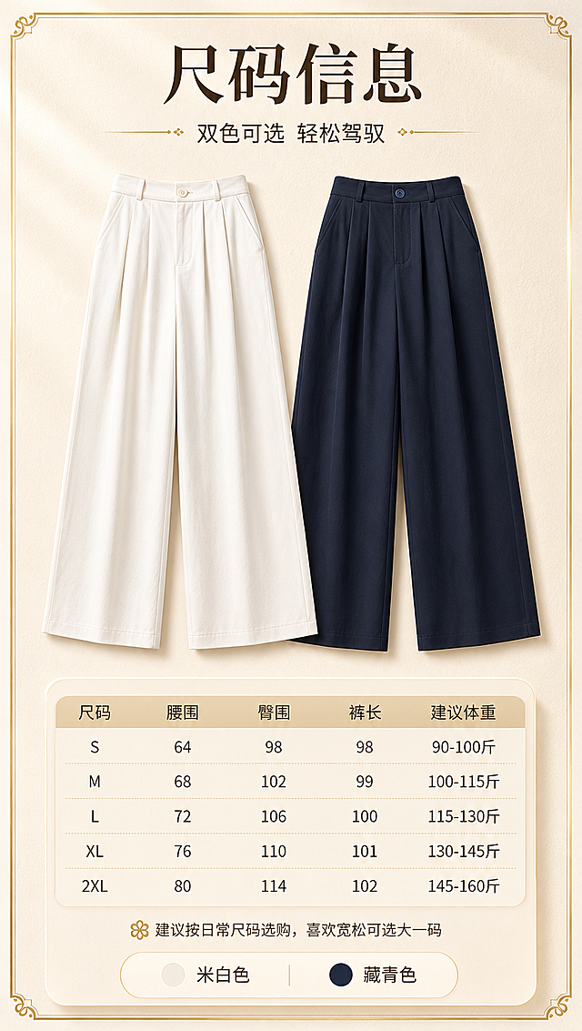 [商品] 使用【图1】米白色 + 【图2】藏青色高腰直筒阔腿裤双色平铺展示；商品处理：保留高腰腰头、纽扣、打褶、插袋、直筒版型；自然去皱，增强面料和缝线质感，不改变版型和颜色。
[画面] 目标：尺码信息+双色总览收尾页；构图：上半部分左右双色裤子平铺展示（米白左、藏青右），下半部分尺码信息卡；产品占画面45%；前景浅米色卡片承托，中景双色裤子+尺码表格，后景浅米色肌理背景+金色细边框装饰；阅读动线从上到下。
[视觉] 套系策略：风格=高级轻熟通勤商业摄影；标题字=现代衬线粗体（优雅精致）；正文字=简洁无衬线体；主色=浅米色（奶油米）；背景延展=基于浅米色做深浅渐变、同色系层次和细腻哑光纸张质感；强调色=香槟金色，仅用于小面积图标、引线、装饰线条和标签底纹；标题色=深炭棕色；正文色=中暖灰；组件=圆角浅金信息卡、细金线引线、米色几何色块；光影=左前侧柔和暖光，人物边缘带金色轮廓光。
[文字] 顶部主标题「尺码信息」，副标题「双色可选 轻松驾驭」；下方尺码表含字段：尺码/腰围/臀围/裤长/建议体重；表格下方选码建议：「建议按日常尺码选购，喜欢宽松可选大一码」；底部双色标注：米白色 / 藏青色；所有文字横排，手机端清晰可读。
[规格] 图片比例9:16竖版，4K分辨率，淘宝/天猫详情页风格；避免变形、错字、文字过小、冷蓝背景、裤子颜色改变、版型失真、极限词。