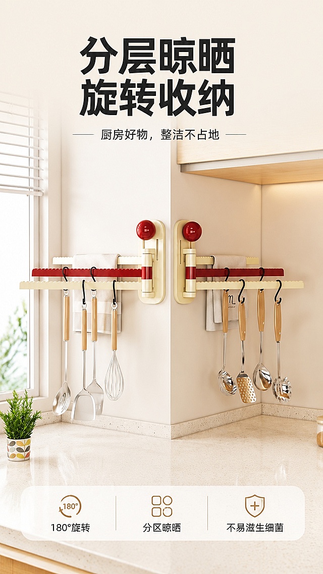 [第1屏] 详情页头图-分层晾晒旋转收纳架厨房场景宣传海报。本屏使用【图1】作为商品主体。
[氛围/风格] 温馨清新家居风，奶油风厨房场景，真实摄影质感，自然氛围感。
[元素布局] 收纳架安装在厨房转角墙面，产品主体占画面约65%，上方预留主标题区域，下方搭配浅色石英石台面，台面放置小型绿植点缀；产品结构、颜色、形态与输入图片一致，保持米白底座+红色分层杆设计。
[光影质感] 左侧窗边自然光照射，右侧柔和补光，产品边缘保留自然阴影，整体明亮通透，质感真实。
[配色色系] 全局底色 #F8F5F0，主色米白色，辅助色红色点缀，背景浅暖灰调墙面。
[视角构图] 正面平视视角，收纳架为绝对视觉中心，阅读动线从上到下自然流畅。
[文字版式] 版式为顶部标题 + 中间产品 + 底部卖点信息条。主标题「分层晾晒 旋转收纳」，副标题「厨房好物，整洁不占地」，加粗黑体居中；底部信息条写三个短卖点「180°旋转 | 分区晾晒 | 不易滋生细菌」，文字不遮挡产品主体，清晰可读。
[比例分辨率] 9:16 竖版比例，4K分辨率，高清画质，文字清晰可辨。
[负向提示词] 产品变形，缺件错件，颜色偏差，文字错乱，水印，背景杂乱，文字过小