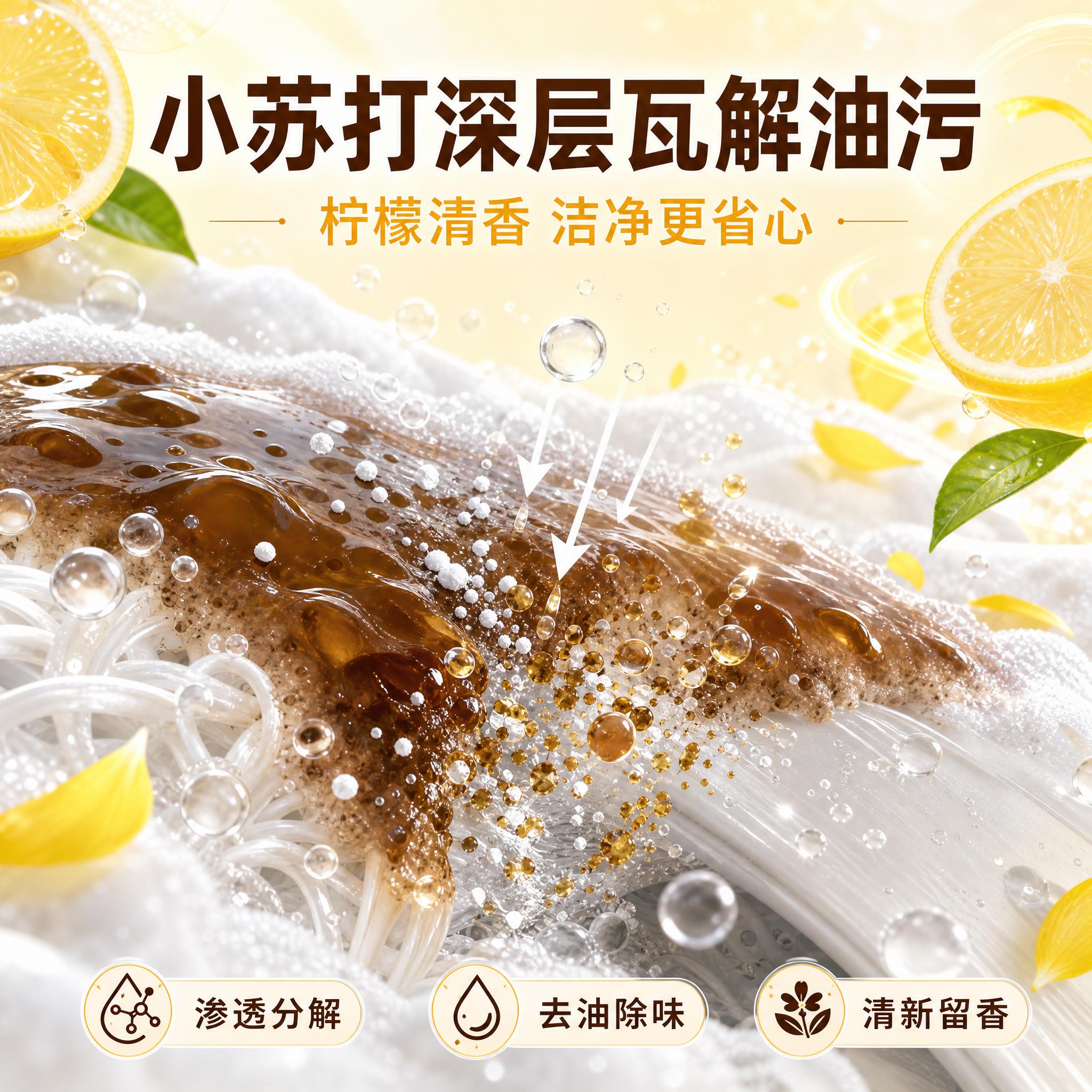 小苏打洗洁精成分分解油污过程可视化海报，比例1:1，无产品瓶身… - 图片创意预览