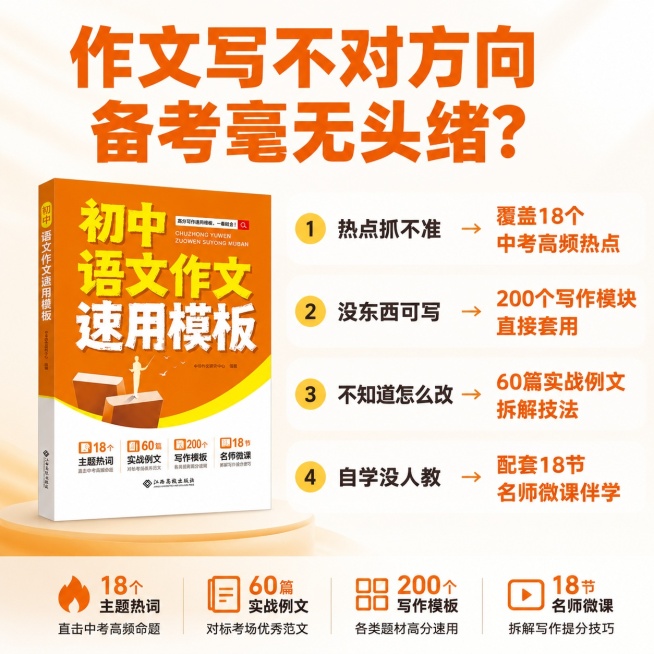 [主图-2] 痛点与学习目标激发兴趣，解决中考作文备考难点主图。
[氛围风格] 专业清晰的备考辅导风格，延续橙黄白配色体系。
[画质] 商业设计质感，文字清晰锐利，产品清晰真实，画面干净高级。
[元素预览效果