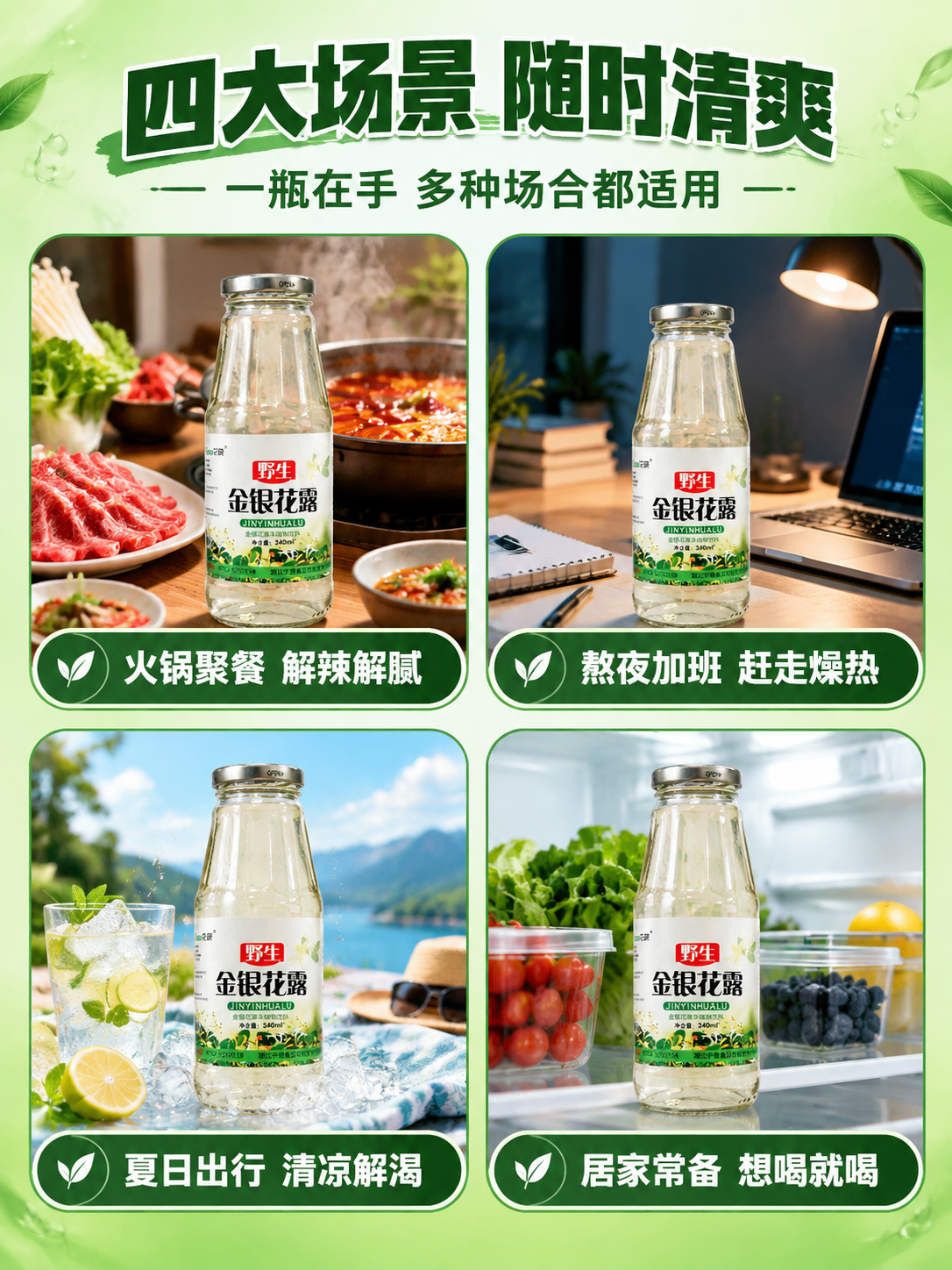 [商品] 使用【图1】花晓野生金银花露340ml玻璃瓶装；保留… - 图片创意预览
