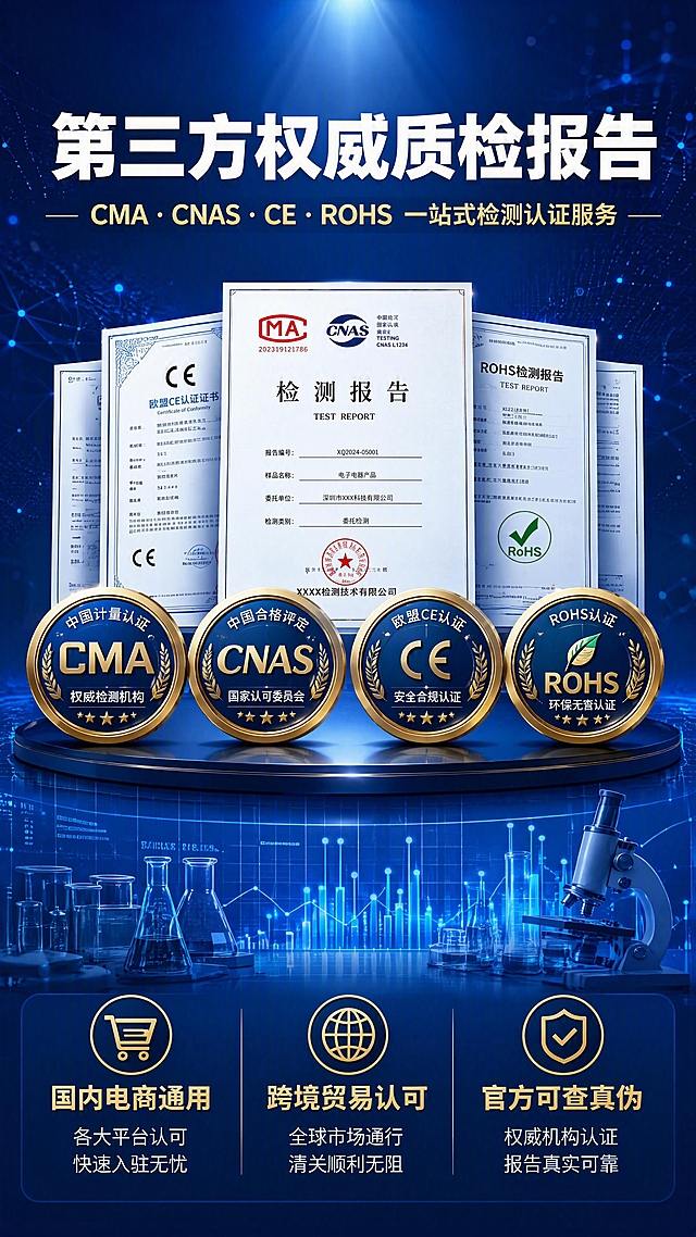 [第1张] 详情页头图-第三方质检认证服务主视觉海报。CMA质检检测报告机构CE认证ROHS第三方CNAS服务介绍。
[氛围/风格] 专业权威商务风，深蓝科技感，简洁大气，商业摄影级质感，突出公信力与可信赖感。
[元素布局] 画面中心偏上为核心视觉区，展示印章式CMA/CNAS认证徽章与检测报告文件组合；背景为渐变深蓝色科技网格与微光粒子效果；底部有实验室仪器剪影与数据线条装饰；整体呈现专业检测机构的权威形象。
[光影质感] 顶部柔光照射，徽章与报告有金属质感高光，底部柔和投影，整体明亮通透且沉稳。
[配色色系] 全局底色 #0A2463 深蓝渐变；主色深蓝色 #1E3A8A；辅助色金色 #D4AF37、白色文字；点缀色浅蓝科技光效。
[视角构图] 正面平视，中心对称构图，阅读动线从上至下：顶部标题 → 中部认证徽章 → 底部卖点信息条。
[文字版式] 版式为顶部大标题 + 中部视觉主体 + 底部三栏卖点。主标题「第三方权威质检报告」，副标题「CMA · CNAS · CE · ROHS 一站式检测认证服务」，黑体加粗居中；底部三栏图标+文字：「国内电商通用」「跨境贸易认可」「官方可查真伪」。
[比例分辨率] 9:16 竖版比例，4K 分辨率，文字清晰可辨，高清画质。
[负向提示词] 变形，水印，文字错乱，文字过小，颜色偏差，背景杂乱，人物，卡通，低俗元素。
