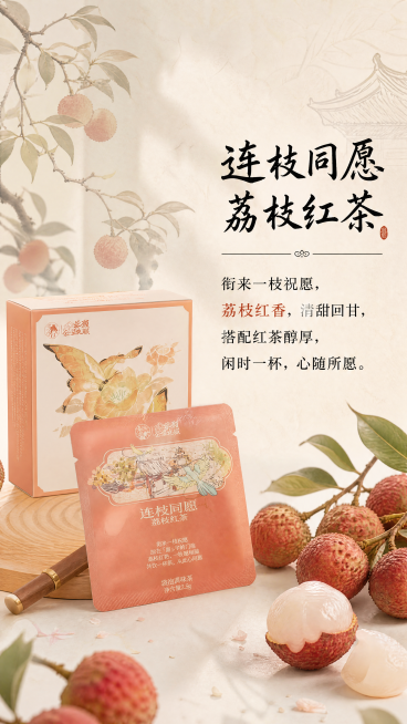 [第4屏] 荔枝红茶口味专属介绍页，介绍风味特点。
[氛围/风格] 温润果香氛围，延续古色古香国风设计，整体风格统一。
[元素布局] 使用【图2】【图3】作为产品主体，展示荔枝红茶独立袋和包装盒，保持预览效果