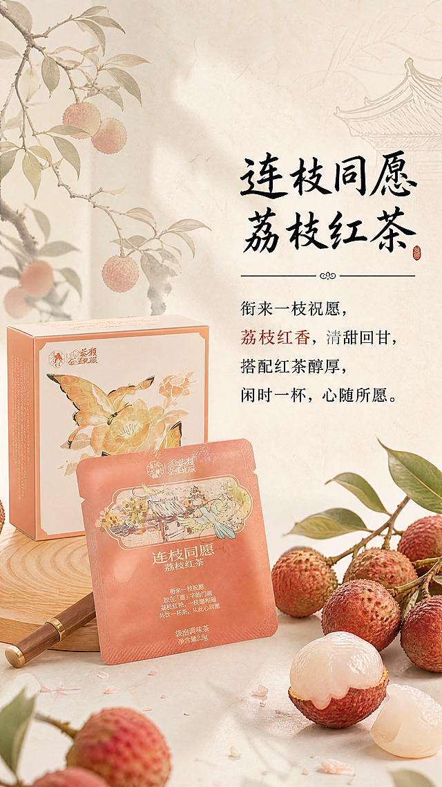 [第4屏] 荔枝红茶口味专属介绍页，介绍风味特点。
[氛围/风格] 温润果香氛围，延续古色古香国风设计，整体风格统一。
[元素布局] 使用【图2】【图3】作为产品主体，展示荔枝红茶独立袋和包装盒，保持原有包装暖橘红色、蝴蝶图案、文字内容完全不变。产品主体放在画面左侧，右侧预留文案区域，背景点缀整颗新鲜荔枝作为装饰，突出荔枝风味主题。
[光影质感] 左侧柔光打亮产品包装，右侧文字区域亮度均匀，整体色彩温润自然，包装纹理清晰。
[配色色系] 全局底色：#F8F5F0（浅米色宣纸）；主体色：包装暖橘红色+米白色；装饰荔枝棕红色；文字延续黑红两色。
[视角构图] 左文右图布局，产品主体在左下，文案在右上，层次分明，符合竖屏阅读顺序。
[文字版式] 顶部主标题「连枝同愿 荔枝红茶」黑色书法字体，下方文案："衔来一枝祝愿，荔枝红香，清甜回甘，搭配红茶醇厚，闲时一杯，心随所愿。"，正文黑色，重点词汇红色标注，字体风格和字色与全套保持一致，不遮挡产品主体。
[比例分辨率] 9:16 竖版比例，4K分辨率，文字清晰可辨。
[负向提示词] 包装变形，文字错乱，颜色偏差，背景杂乱，多余水印。