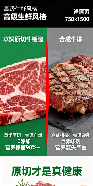 详情页草饲vs合成对比屏，高级生鲜风格，750x1500竖版，2K分辨率。画面左右分栏，左侧绿色背景区域展示草饲原切牛板腱，标注“草饲原切：纹理自然 0添加 营养保留90%+”，搭配牛肉纹理特写；右侧预览效果
