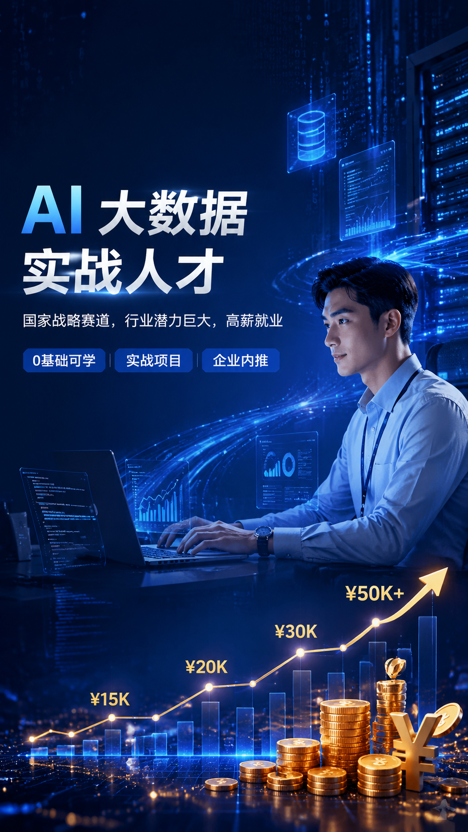 商业招生宣传海报，AI大数据实战人才项目，深蓝科技商务主色调，… - 图片创意预览