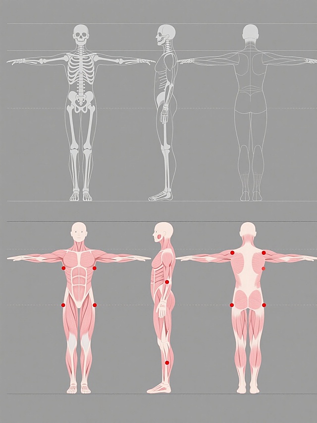 极简风格人物三视图设计，灰色纯色背景，两组六个不同人体结构的正面、侧面和背面视图，线条简洁流畅的线条画，第一组为基础骨骼线框图，第二组为带肌肉结构的淡粉色人体示意图，关节处有红色圆点标记，人物均为中性姿态双臂平举，严格对齐的水平参考线，清晰的比例关系，专业设计图纸感，无任何文字和logo