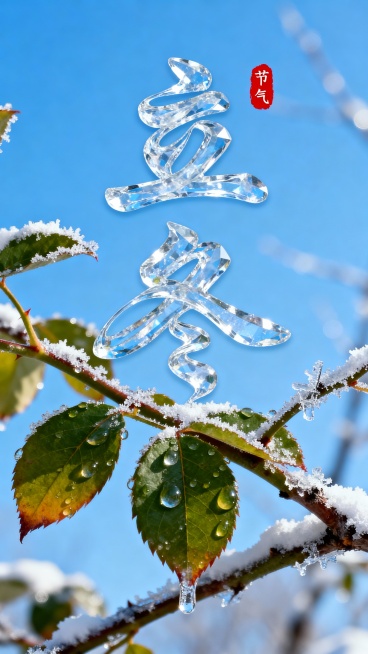 水晶拉长扭曲变形成”立冬” 二字，叶片上有晶莹的露珠点缀。背景是一片晴朗的蓝天，画面中穿插着带有冰霜和薄雪的树枝，营造出冬日温暖的氛围。“立冬” 文字位于图像的中上部，红色小印章”节气“点缀，整体画面预览效果