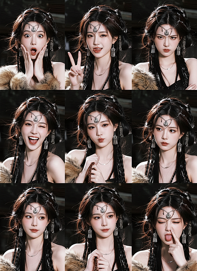 保持人物主体不变，创作一组写实风格表情包，包含表情不同、姿势不同的九宫格表情包，表情变化较大，姿势夸张