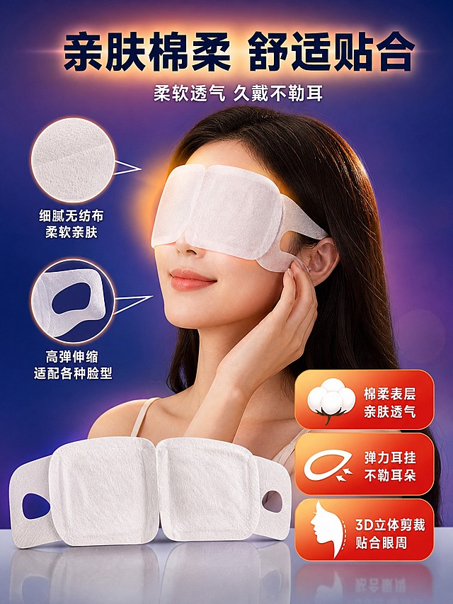 [主图-3 3:4竖版] 材质与佩戴舒适度展示图 花王美舒律蒸汽热敷眼罩 亲肤棉柔材质+耳挂贴合设计 淘宝天猫3:4竖版主图。
[统一基调] 深蓝紫渐变背景 粗黑体主标题 橙红+暖黄强调色 圆角胶囊卖点 底部反射台面。
[画面主体] 画面上中部为一位28-32岁东亚女性正侧面 闭眼佩戴白色蒸汽眼罩 手轻轻扶着眼罩耳挂处 展示佩戴状态。画面下部有一片展开的蒸汽眼罩平铺 展示完整形态和材质。人物与首图模特为同一位 保持外观一致。
[构图版式] 竖版上下结构：上部约20%为主标题区 中部约45%为人物佩戴展示 下部约35%为单片眼罩材质展示+3组卖点卡片。
[场景元素] 背景为深蓝紫渐变 带柔和光晕。眼罩旁有放大的材质纹理圆形特写框 展示棉柔无纺布的细腻纹理。耳挂处有放大细节框 展示弹性耳挂设计。下部左侧为平铺单片眼罩 右侧为3组圆角卖点卡片 分别说明材质、耳挂、贴合度。底部浅灰色反射台面。
[文案版式] 顶部主标题"亲肤棉柔 舒适贴合" 深蓝色粗黑体 字号最大。副标题"柔软透气 久戴不勒耳" 白色小字。右侧3组卖点卡片从上到下：第一组图标为棉花 配文"棉柔表层 亲肤透气"；第二组图标为弹性耳挂 配文"弹力耳挂 不勒耳朵"；第三组图标为人脸侧面轮廓 配文"3D立体剪裁 贴合眼周"。材质放大框旁有小字"细腻无纺布 柔软亲肤"。耳挂放大框旁有小字"高弹伸缩 适配各种脸型"。
[光影质感] 商业摄影质感 柔光效果 人物面部光线柔和自然 眼罩材质呈现棉柔哑光质感 纹理细腻可见。单片眼罩平铺展示 褶皱自然 体现柔软度。整体光线温暖柔和 阴影过渡自然。
[配色字体] 主色深蓝紫 辅助色暖橙米白 强调色白色。字体统一粗黑体 层级分明。
[比例分辨率] 3:4竖版 2K分辨率 文字清晰可辨。
[负向提示词] 人物面部扭曲 手指畸形 穿模 产品变形 重绘 错字 水印 医疗功效暗示 夸张效果。