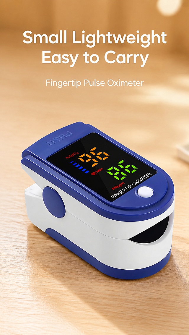 [第1屏] 小巧便携卖点 — Fingertip Pulse Oximeter 指夹式脉搏血氧仪便携宣传图。本屏使用【图1】作为商品主体。
[氛围/风格] 温馨柔和影棚风，暖调木质背景虚化，家用医疗器械质感，极简跨境电商风格。
[元素布局] 蓝白指夹式血氧仪正面居中放置，占画面约55%-60%；产品物理结构、蓝白配色、LED彩屏数字、按键形状与输入产品图完全一致；背景为模糊暖木色台面，增加柔和光斑；顶部留标题区，底部留少量呼吸空间。
[光影质感] 左上方柔和影棚主光，右侧辅光补光，底部自然投影，整体明亮通透，产品边缘清晰。
[配色色系] 全局背景暖木色浅棕渐变；主色蓝白（产品本身）；辅助色暖木棕、白色标题。
[视角构图] 正面微俯视45°角，产品为视觉中心，阅读动线顶部标题 → 中心产品。
[文字版式] 顶部居中主标题 "Small Lightweight Easy to Carry"，简洁无衬线英文字体，字重中等；标题下方小号副标题 "Fingertip Pulse Oximeter"；文字不遮挡产品主体。
[比例分辨率] 9:16 竖版比例，800px宽，4K分辨率，文字清晰可辨，高清画质。
[通用后缀] AliExpress product detail chart, 8K, soft studio light, simple English text layout, no clutter, household medical device
[负向提示词] 产品变形，颜色偏差，结构错误，文字错乱，文字过小，水印，背景杂乱，缺件错件。