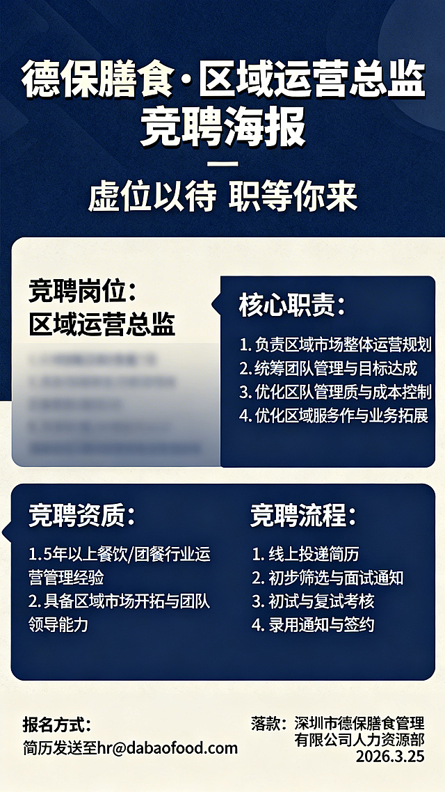 企业招聘竞聘海报，主标题是“德保膳食 · 区域运营总监 竞聘海报”，副标题“虚位以待 职等你来”，内容完整包含：竞聘岗位区域运营总监、核心职责四条、竞聘资质三条、竞聘流程四个步骤、报名方式、落款深圳市德保膳食管理有限公司人力资源部2026.3.25，文案完整保留，商务专业风格，标题醒目突出重点，干净整洁的企业招聘海报设计，大气稳重的配色，清晰的排版分层