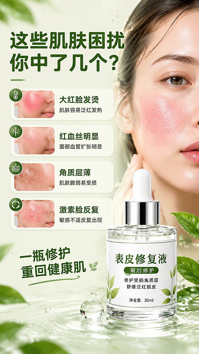 [商品] 使用【图1】透明滴管瓶表皮修复液；保留瓶身形状、白色滴管头、银色金属圈、白色标签、绿色叶子图案、瓶身文字、30ml标识；产品为透明精华液，用于面部肌肤修护。
[画面] 页面目标：痛点共鸣，直击敏感肌多种困扰，引出产品解决方案；采用左右分栏版式，左侧为痛点文字区，右侧为产品+肌肤问题示意；产品位于画面右下，占画面约35%；左侧上半部分为大标题+4个痛点卡片；背景为浅米色+淡绿渐变，带细腻肌肤纹理质感；三层视觉：前景产品+水滴、中景痛点卡片、后景柔焦肌肤纹理背景。
[视觉] 套系策略：风格=清新自然修护风，商业精修级美妆摄影；标题字=粗黑体，圆润有力；正文字=简洁无衬线体；主色=浅草绿+纯白+浅米色；背景延展=基于主色做深浅渐变、水光质感、同色系叶片/水滴元素延展；强调色=深森林绿，仅用于小面积图标、引线和重点标签；标题色=深森林绿；正文色=深灰绿；组件=圆角浅底信息卡、圆形icon、细线引线；光影=左前侧柔光，产品通透有光泽。
[文字] 左上主标题「这些肌肤困扰 你中了几个？」；下方4个横排痛点卡片：大红脸发烫、红血丝明显、角质层薄、激素脸反复；右下产品旁配文案「一瓶修护 重回健康肌」；文字均为横排，字号保证手机端清晰可读。
[规格] 图片比例9:16竖版，4K分辨率，负向提示：黑金风格、极简风格、背景重复、产品变形、文字竖排、错字、医疗化表述、绝对化用语、优惠价格信息。