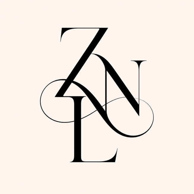 参考参考图片的字体设计风格，创作ZNL三个字母交错缠绕的艺术字体logo，极简风格，黑色字体，浅米白色背景，流畅的线条和优雅的曲线，现代高级感预览效果