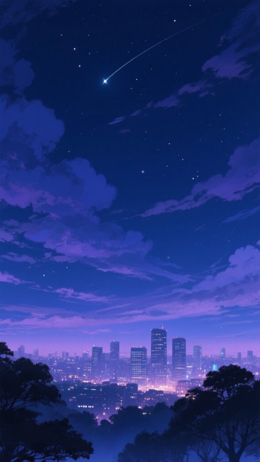 夜晚背景，动漫风格，深邃夜空点缀稀疏明亮星辰与层次丰富的深紫蓝色云层，城市天际线灯火璀璨，高楼轮廓在夜色中朦胧可见，远处城市灯光如繁星般闪烁，近处树木剪影增添层次感，整体色调以深蓝、靛蓝、紫色为主，光影柔和，营造宁静而梦幻的氛围，画面构图开阔，天空占据上半部分，城市夜景在下半部分延伸至远方。预览效果