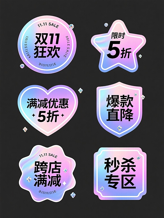 一组6个具有梦幻全息渐变效果的双11促销标签，采用蓝紫粉渐变的虹彩光泽背景，搭配白色细边框和黑色无衬线字体，标签形状包含圆形、心形、星形、盾形、六边形和方形，每个标签中心分别为"双11狂欢"、"限时5折"、"满减优惠"、"爆款直降"、"跨店满减"、"秒杀专区"文字，周围点缀小星星、小钻石等装饰元素，部分标签边缘有"11.11 SALE"的循环小字，整体呈现出明亮欢快、时尚活泼的购物氛围，光影柔和，色彩过渡自然，具有强烈的视觉吸引力和促销感。