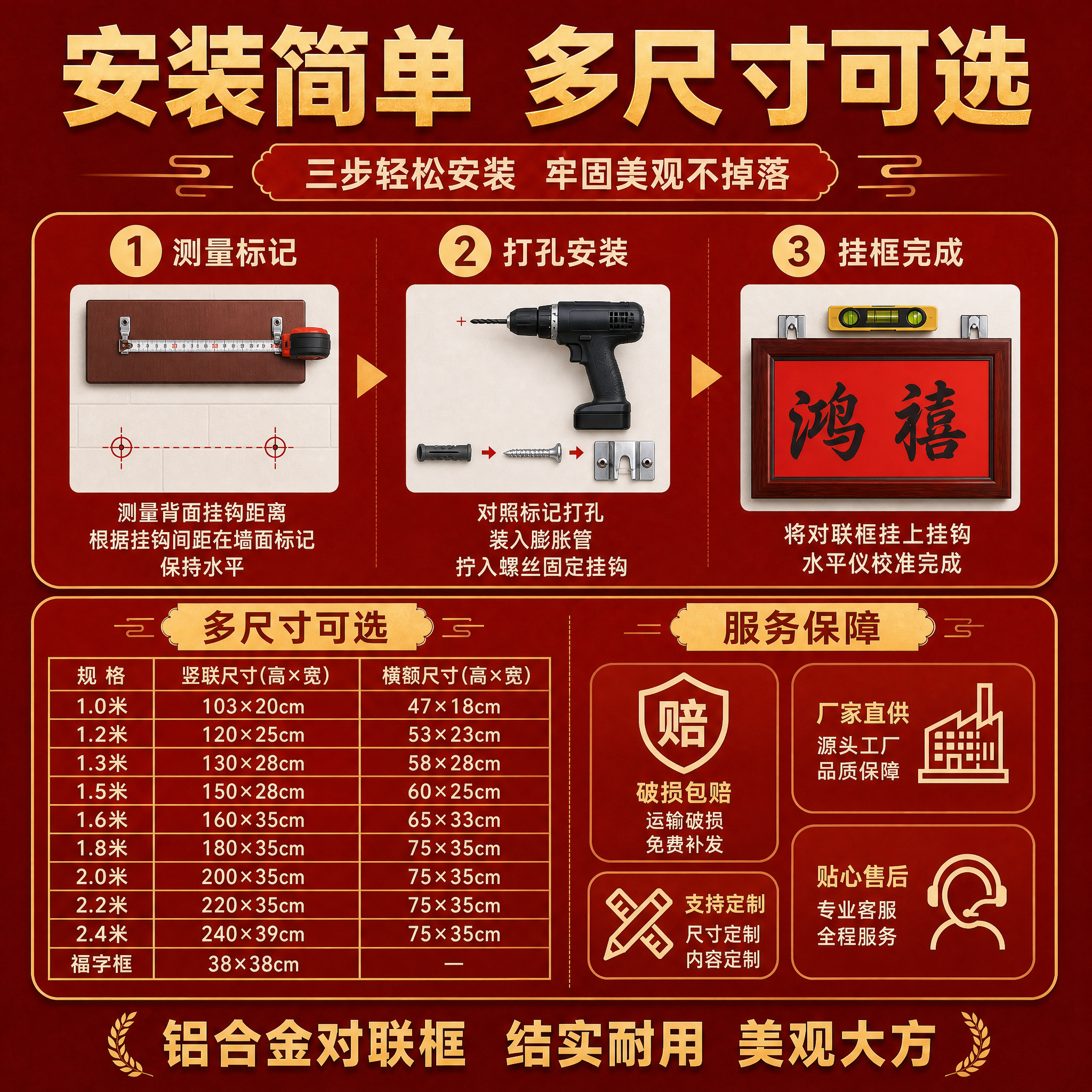 基于原图修改安装步骤和尺寸信息。保持原图整体红金喜庆风格、深红… - 图片创意预览
