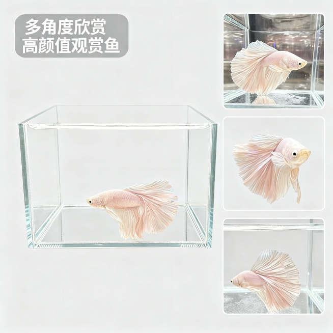 [主图 4] 多角度展示拼图主图
[氛围/风格] 真实自然，整体干净透亮，统一光影风格
[画面元素] 采用一主两小拼图布局，主图展示斗鱼整体全景，两张小图分别展示正面、侧尾不同角度细节，三张图都保留原预览效果