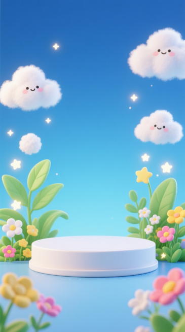 电商背景图，正视图，画面中间留出产品位置，放置一个薄的白色展台，周围放置一些可爱的元素，比如云朵，植物，星星，花朵，摆放有节奏感，主色调为蓝色渐变，添加一点点白色，黄色和绿色，童趣可爱预览效果
