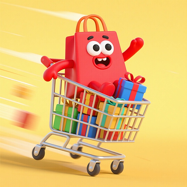 一辆购物车，车内有一个拟人化的红色购物袋（带着开心的表情，有眼睛、嘴巴和红色手臂），购物车里堆满了彩色礼盒；购物车呈现出快速移动的动态感（有速度线等动态效果），黄色背景