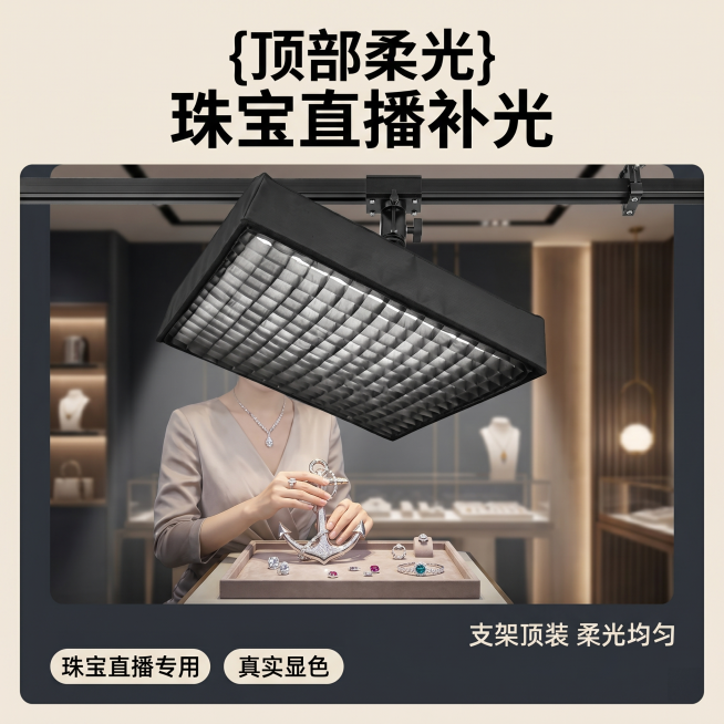 [单张主图] 直播专用柔光顶灯卷布灯，高级氛围感主图，适合直播卖珠宝使用。顶灯安装在顶部支架上，从上向下给直播的珠宝打光。
[画面主体] 保持黑色长方形直播柔光顶灯外观、物理结构、材质质感、颜色与输入预览效果