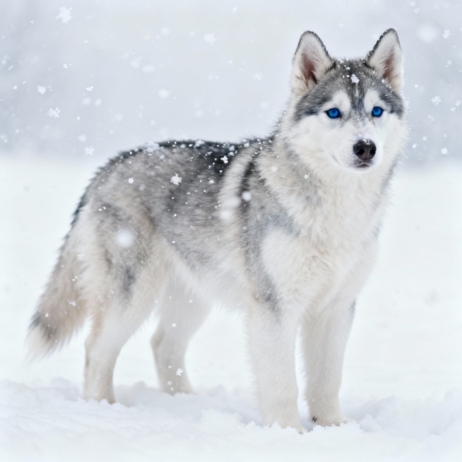 一只可爱的哈士奇，蓝色的眼睛，毛发蓬松，站立在雪地里，耳朵竖起，尾巴自然下垂，表情温顺，周围有飘落的雪花，背景是白茫茫的雪地预览效果