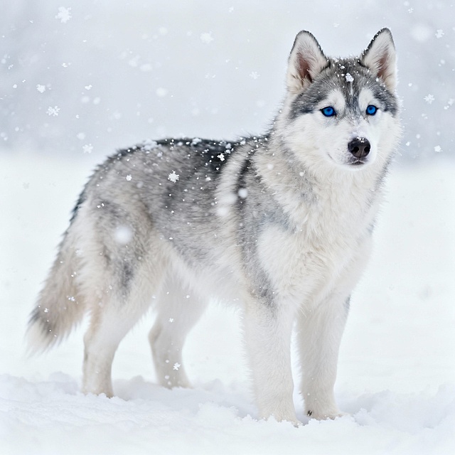 一只可爱的哈士奇，蓝色的眼睛，毛发蓬松，站立在雪地里，耳朵竖起，尾巴自然下垂，表情温顺，周围有飘落的雪花，背景是白茫茫的雪地