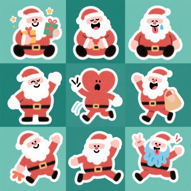 A cohesive 3x3 grid of 9 adorable and playful chibi Santa Claus emoji stickers. Super deformed style预览效果