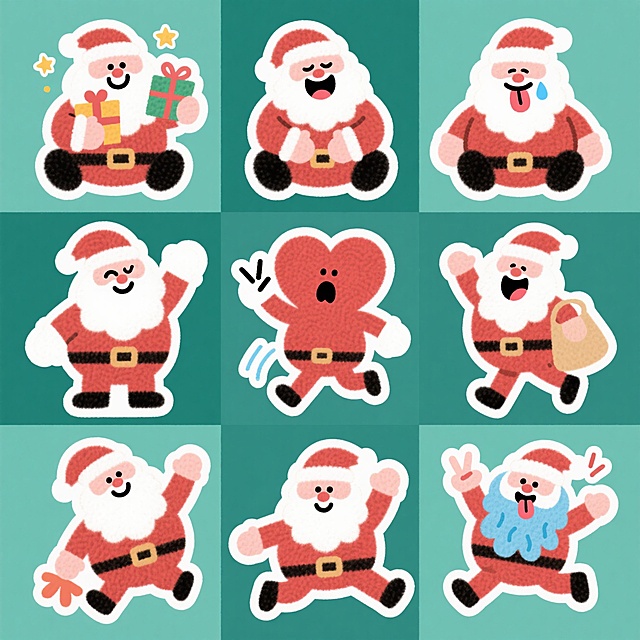 可爱卡通圣诞老人插画，扁平风格搭配毛发生长质感，表情丰富充满喜庆感，融合emoji风趣味动作，传递节日欢乐氛围。