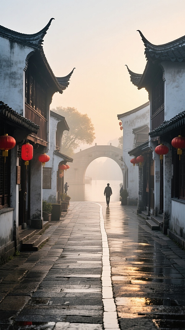 清晨薄雾笼罩下的宁静古镇街道，青石板路面湿润反光，两侧是鳞次栉比的飞檐翘角古建筑，红灯笼在微风中轻摆，远处可见拱桥横跨平静水面，晨光柔和地洒在黛瓦白墙上，营造出古朴悠远的氛围，路面上偶有行人漫步，整体画面采用与原图一致的纵向透视构图，暖色调光影效果，以及细腻的写实质感，保留道路中央的白色线条元素，将现代都市街景转换为具有东方韵味的水乡古镇环境。