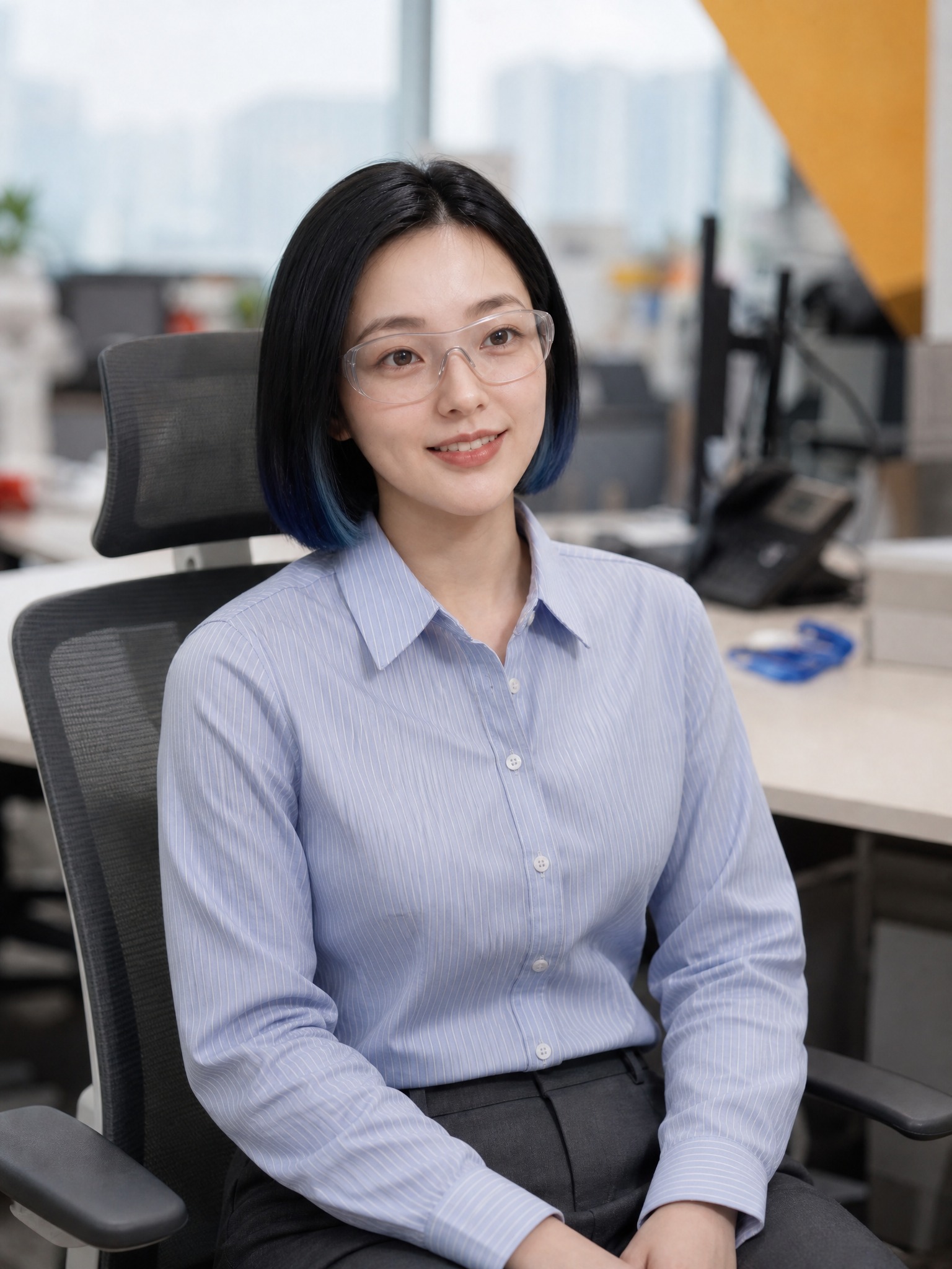 参考图1的办公室背景和办公环境，参考图2的人物面部特征（黑色短… - 图片创意预览